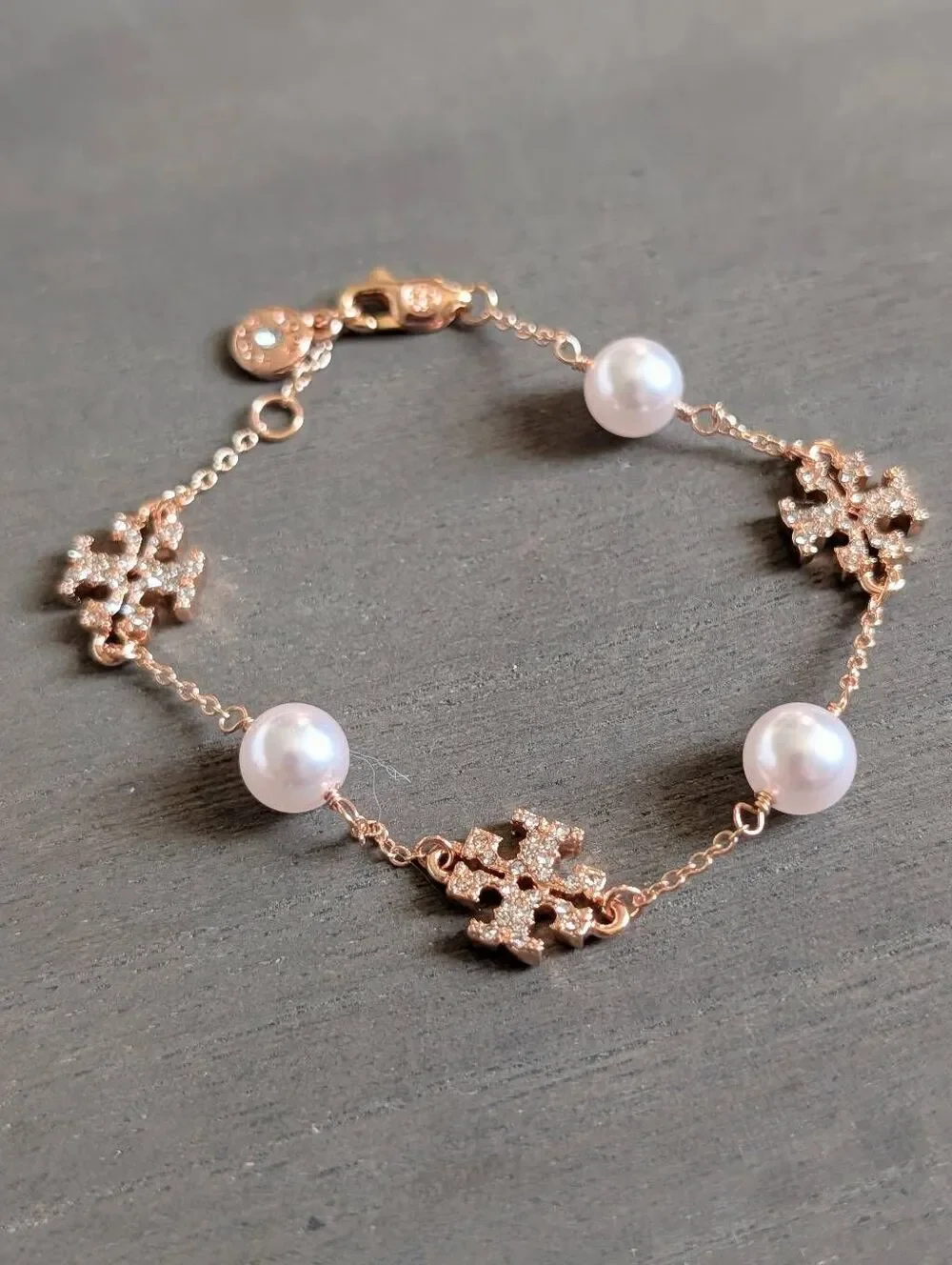 TORY BURCH Kira Pave Logo Delicate Pearl Rose Gold Chain Bracelet